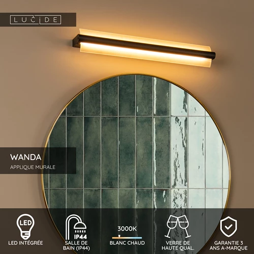 Lucide WANDA - Applique murale Salle de bains - LED - 1x19W 3000K - IP44 - Noir - USP